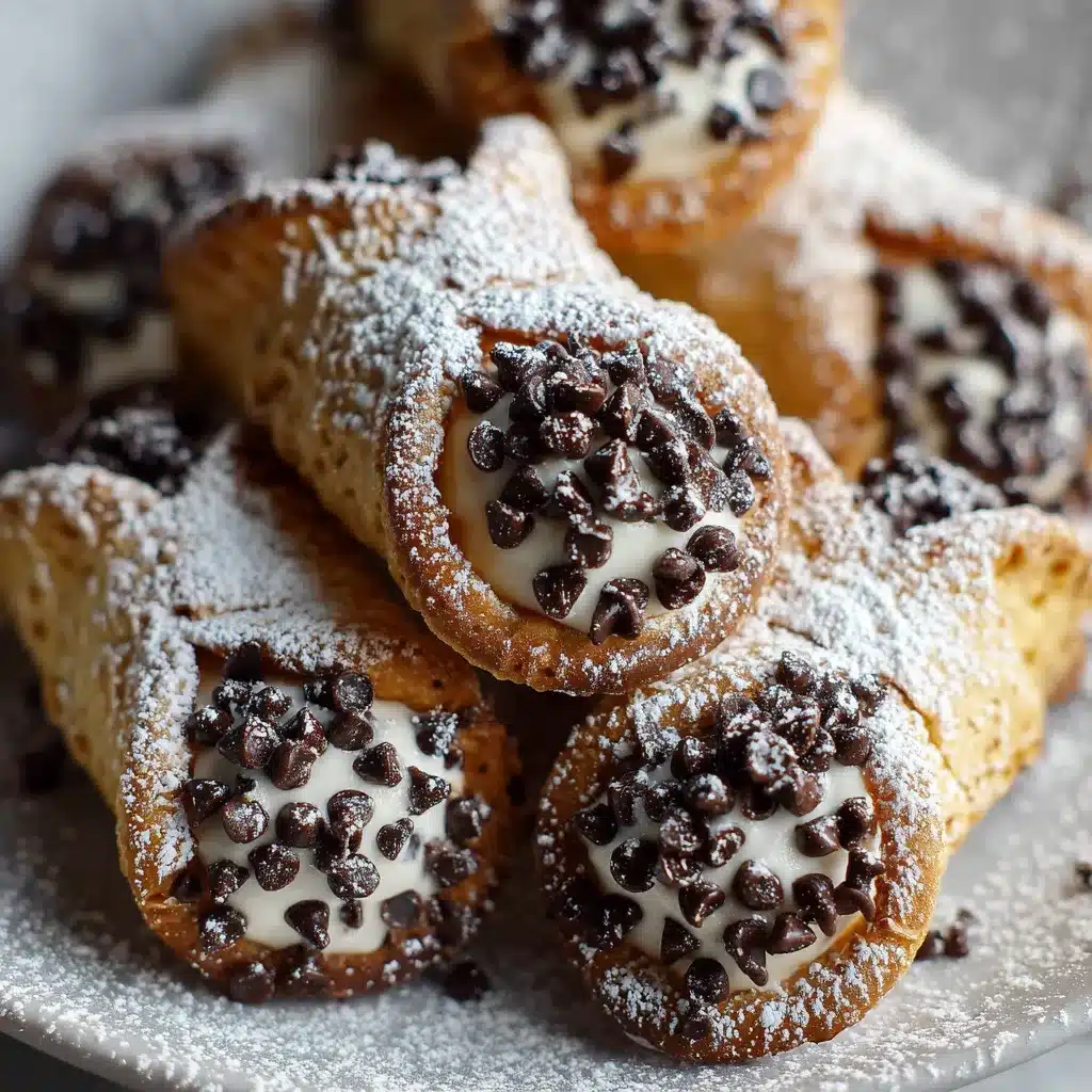Freshly baked Cannoli Cookies topped with powdered sugar, with chocolate chips and pistachios visible inside.