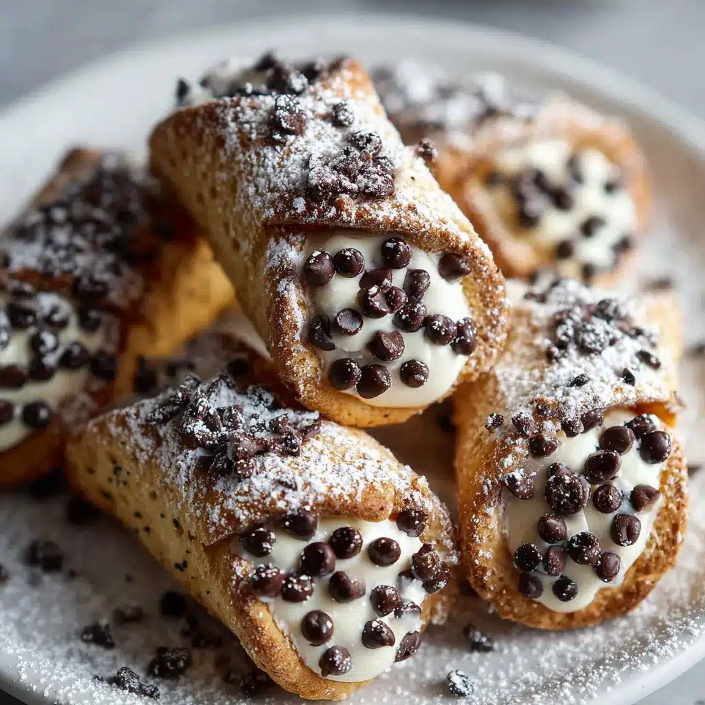 Freshly baked Cannoli Cookies topped with powdered sugar, with chocolate chips and pistachios visible inside.