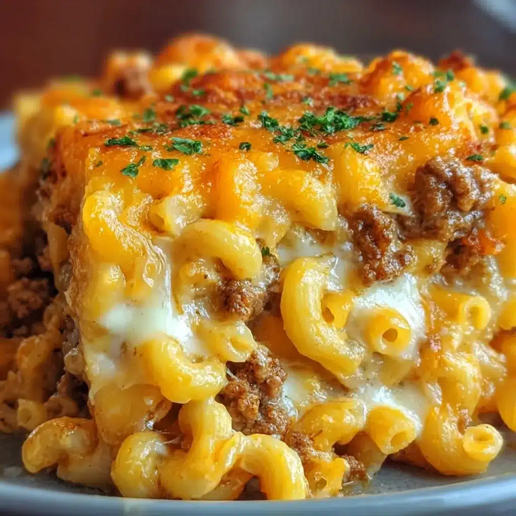Baked cheesy macaroni hamburger casserole with golden melted cheese on top in a white casserole dish.