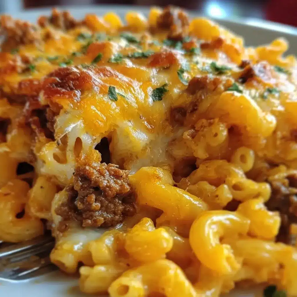 Baked cheesy macaroni hamburger casserole with golden melted cheese on top in a white casserole dish.