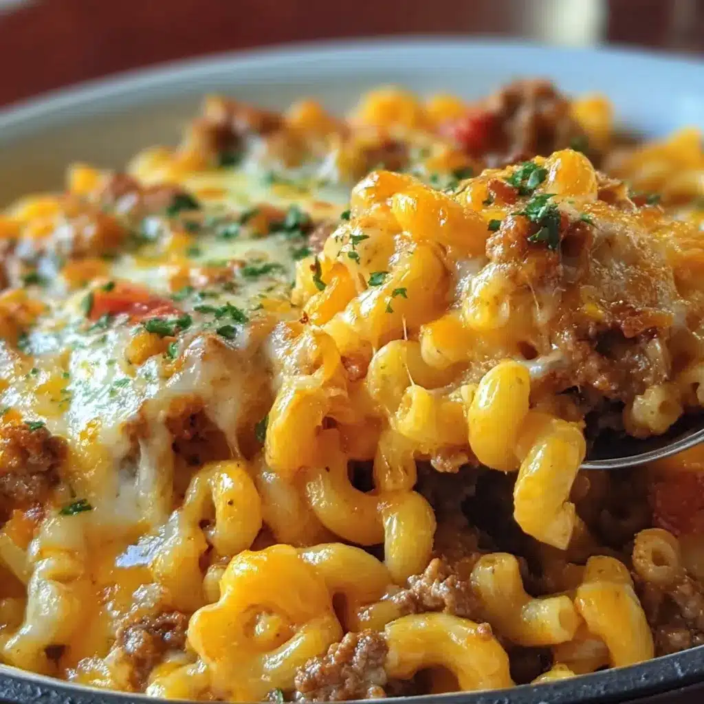 Baked cheesy macaroni hamburger casserole with golden melted cheese on top in a white casserole dish.