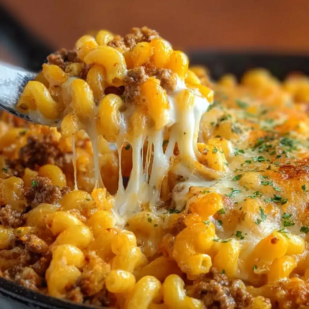 Baked cheesy macaroni hamburger casserole with golden melted cheese on top in a white casserole dish.