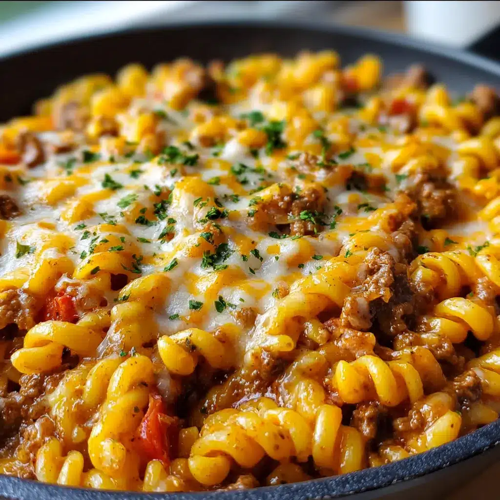 Creamy Cheesy Sloppy Cheeseburger Pasta in a skillet, topped with chopped parsley and diced pickles.
