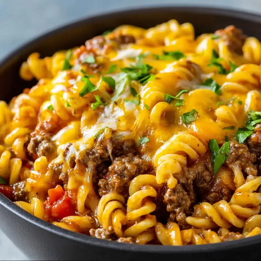 Creamy Cheesy Sloppy Cheeseburger Pasta in a skillet, topped with chopped parsley and diced pickles.
