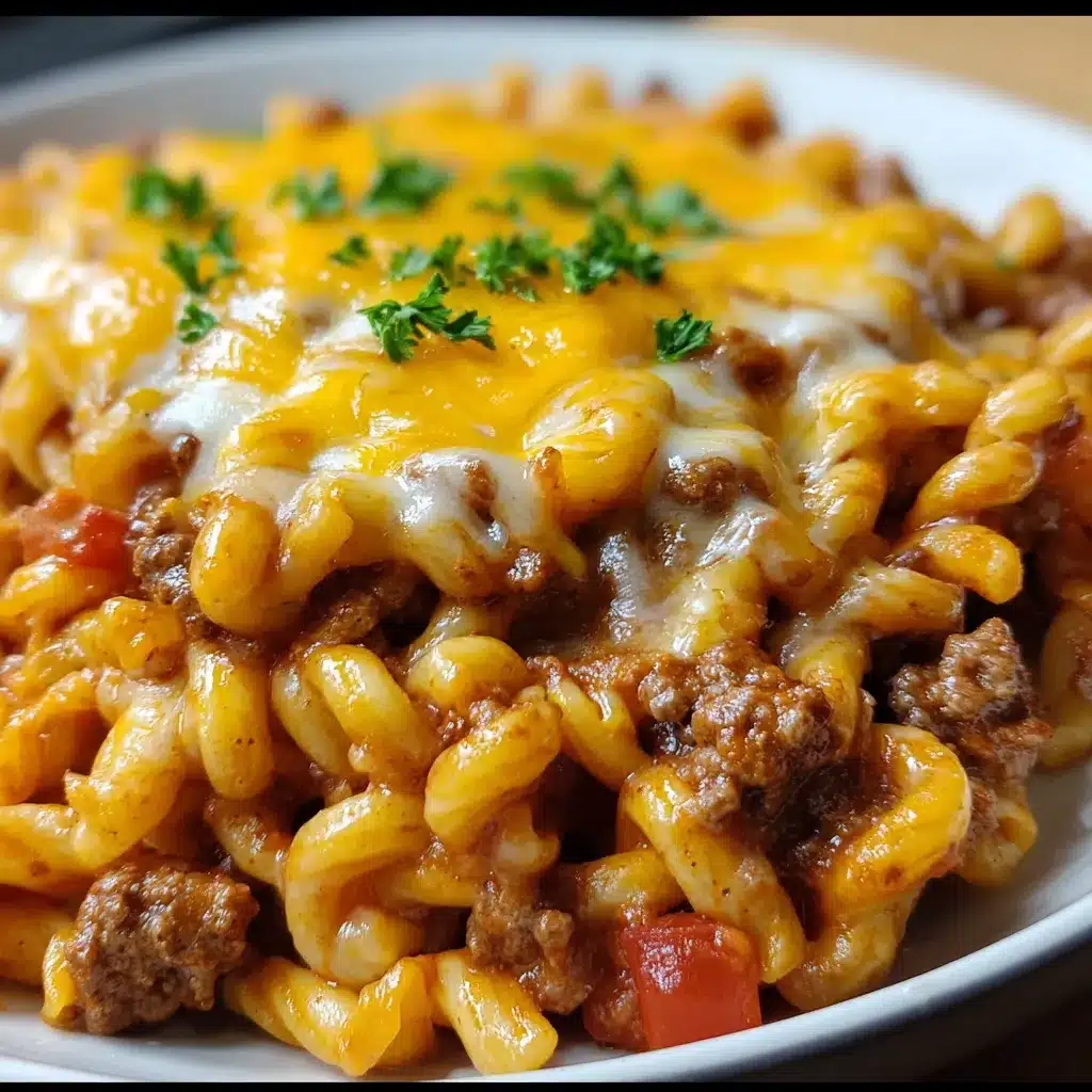 Creamy Cheesy Sloppy Cheeseburger Pasta in a skillet, topped with chopped parsley and diced pickles.