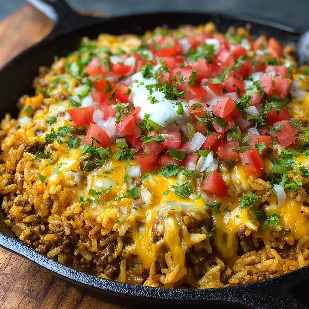 Cheesy taco rice skillet in a cast iron pan with melted cheese and cilantro garnish