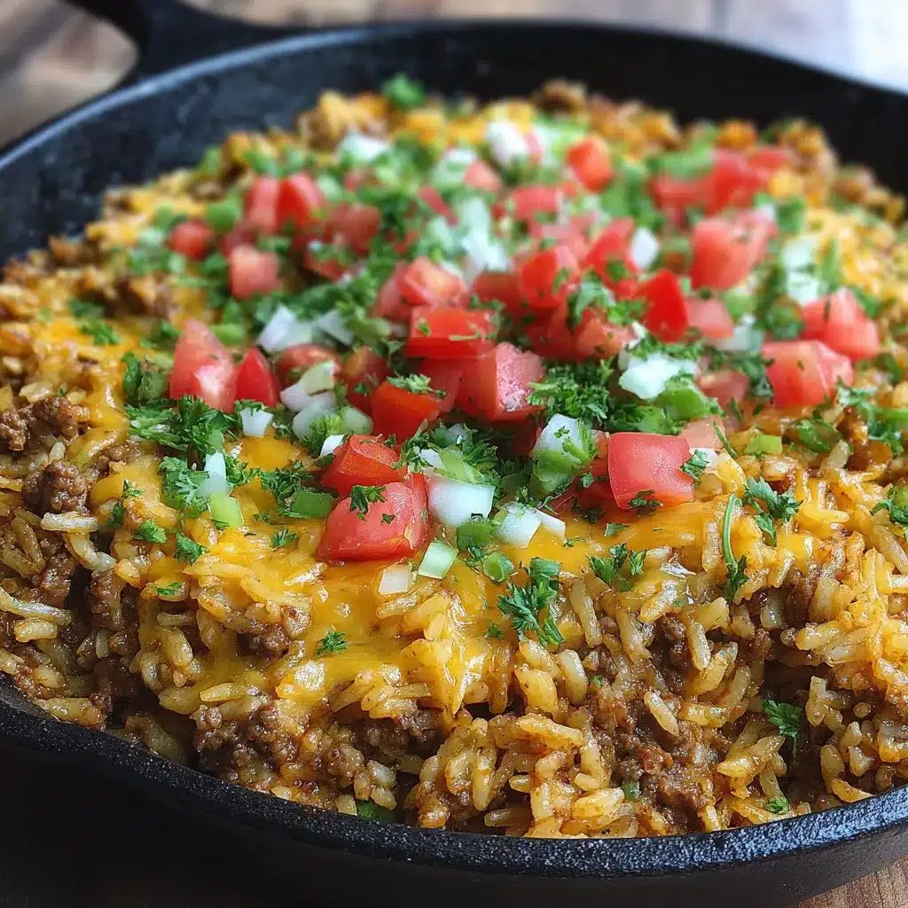 Cheesy taco rice skillet in a cast iron pan with melted cheese and cilantro garnish