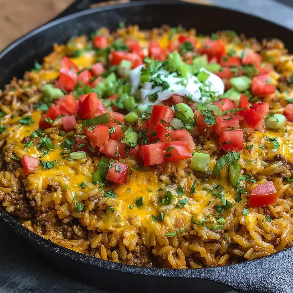 Cheesy taco rice skillet in a cast iron pan with melted cheese and cilantro garnish