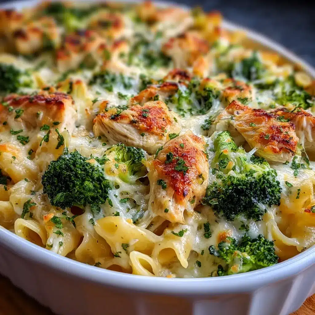 Golden baked Chicken & Broccoli Alfredo casserole topped with melted mozzarella in a white ceramic dish.