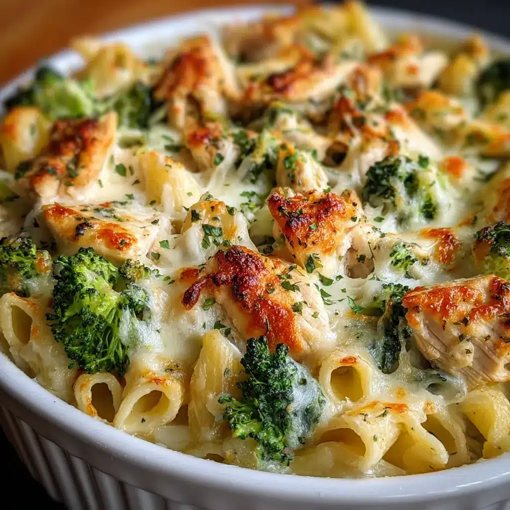 Golden baked Chicken & Broccoli Alfredo casserole topped with melted mozzarella in a white ceramic dish.