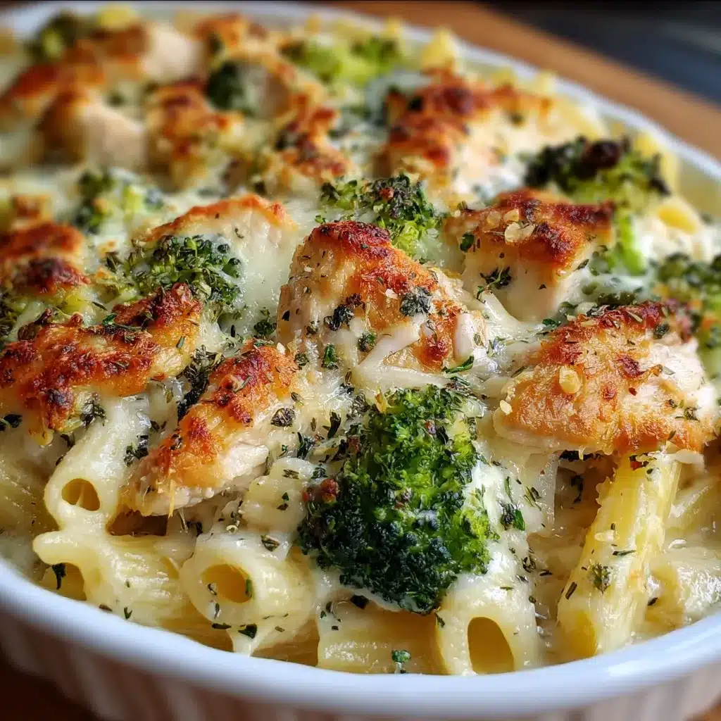 Golden baked Chicken & Broccoli Alfredo casserole topped with melted mozzarella in a white ceramic dish.