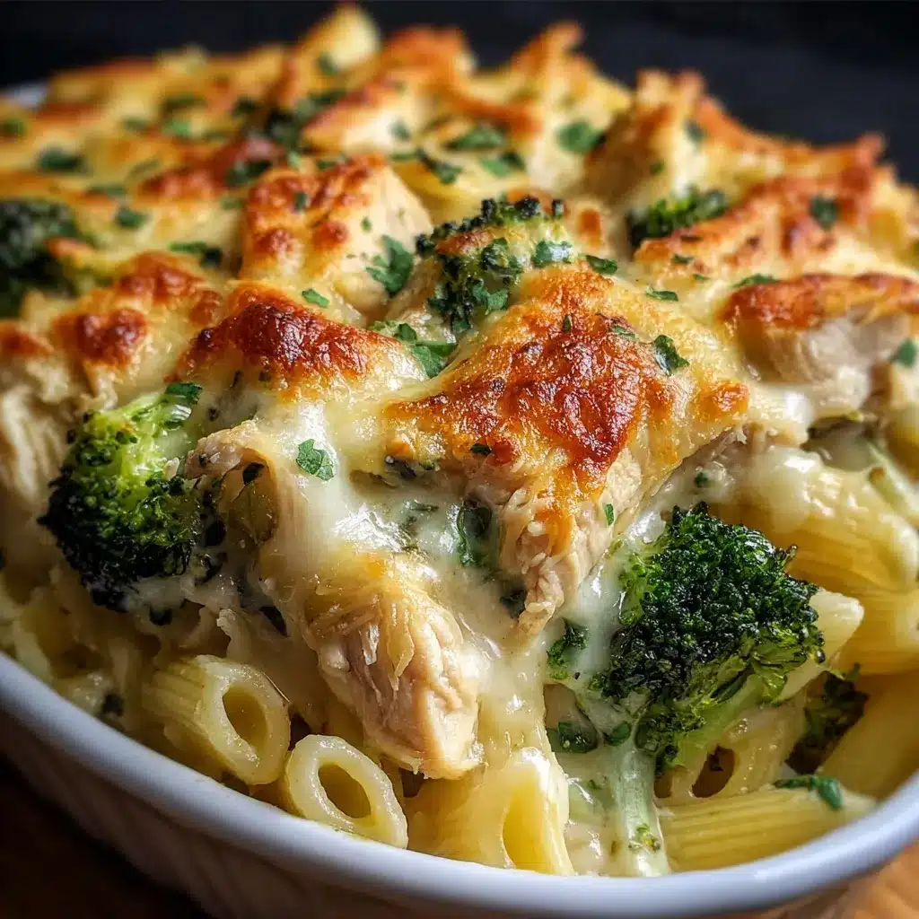 Golden baked Chicken & Broccoli Alfredo casserole topped with melted mozzarella in a white ceramic dish.