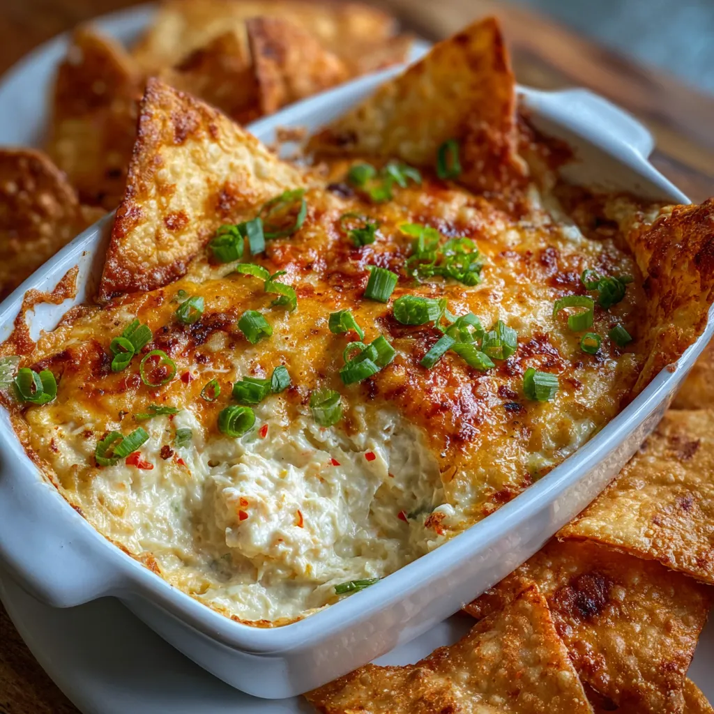 Warm and cheesy Crab Rangoon Dip served with golden wonton chips in a rustic white baking dish.