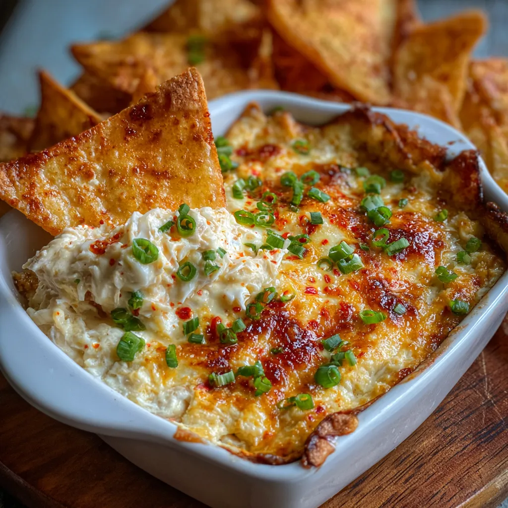 Warm and cheesy Crab Rangoon Dip served with golden wonton chips in a rustic white baking dish.
