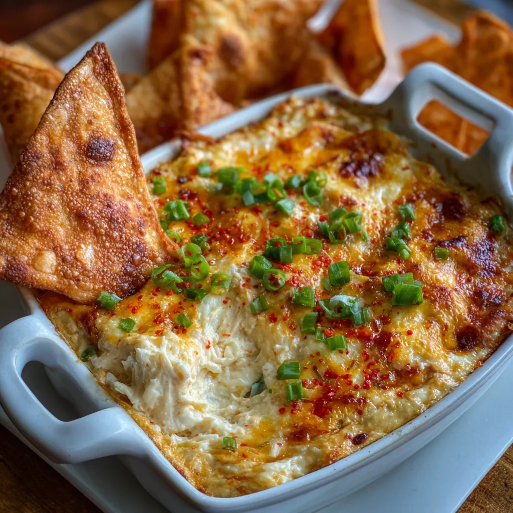 Warm and cheesy Crab Rangoon Dip served with golden wonton chips in a rustic white baking dish.
