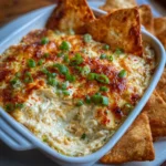Warm and cheesy Crab Rangoon Dip served with golden wonton chips in a rustic white baking dish.