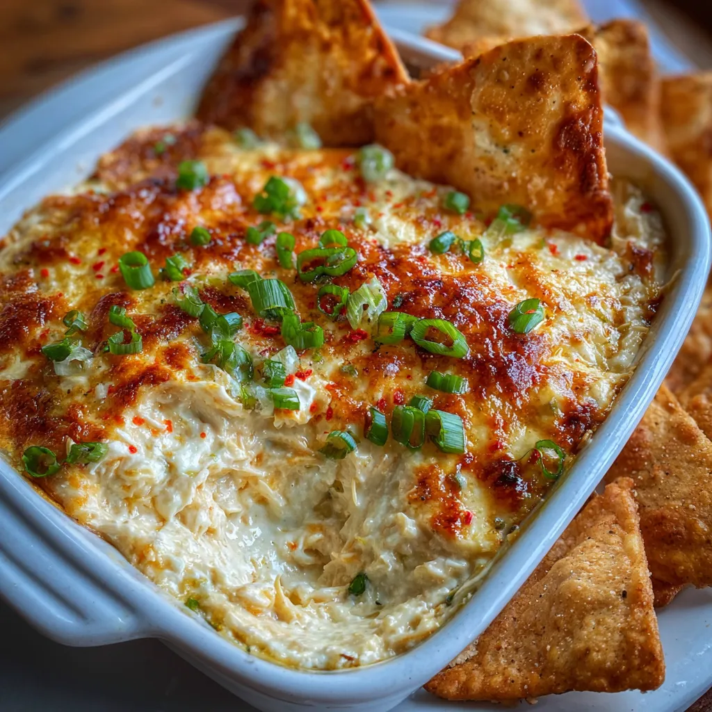 Warm and cheesy Crab Rangoon Dip served with golden wonton chips in a rustic white baking dish.