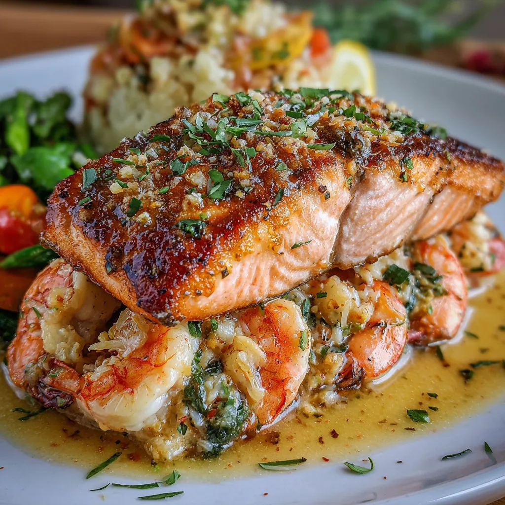 Baked salmon fillets stuffed with creamy crab and shrimp filling, served with lemon wedges.