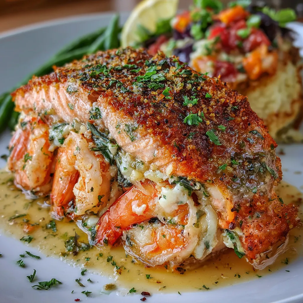Baked salmon fillets stuffed with creamy crab and shrimp filling, served with lemon wedges.
