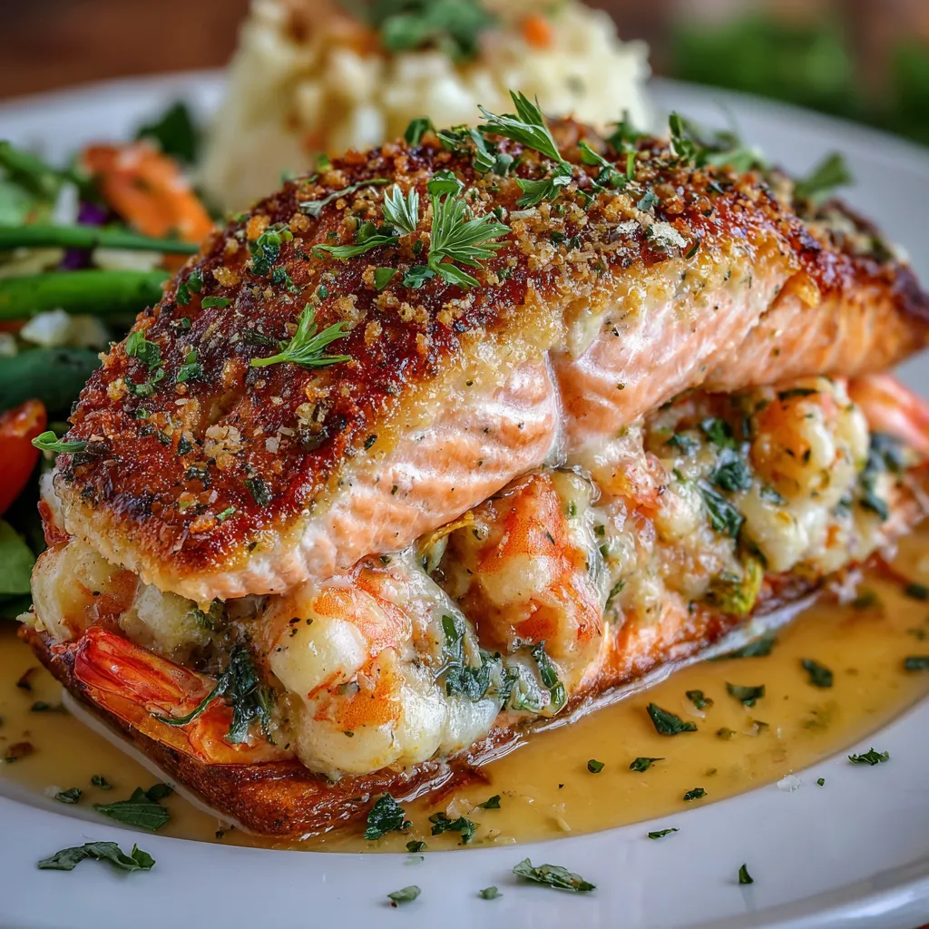 Baked salmon fillets stuffed with creamy crab and shrimp filling, served with lemon wedges.