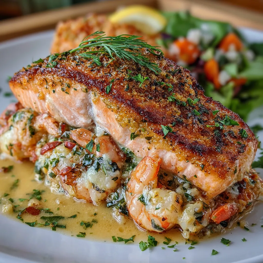 Baked salmon fillets stuffed with creamy crab and shrimp filling, served with lemon wedges.