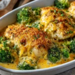 Cracker Barrel Broccoli Cheddar Chicken in a baking dish with golden cracker topping