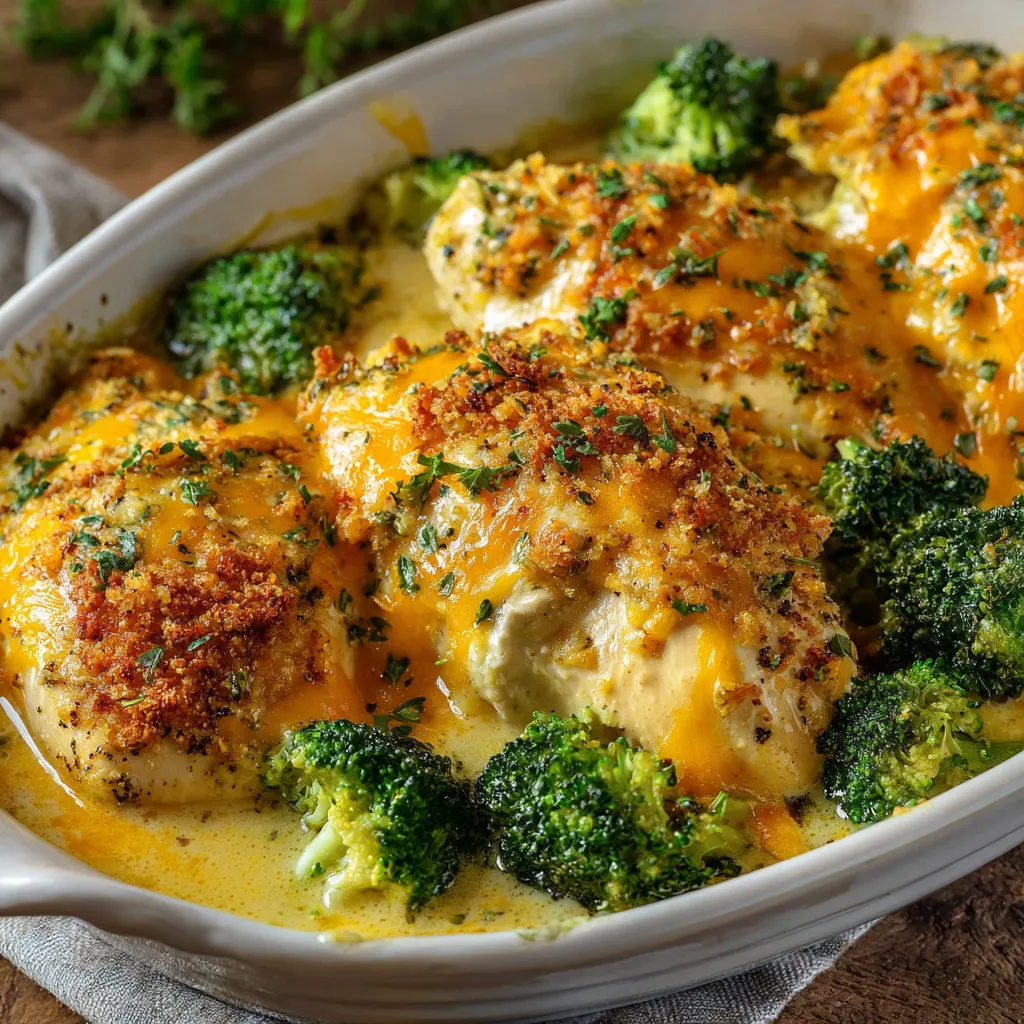 Cracker Barrel Broccoli Cheddar Chicken in a baking dish with golden cracker topping