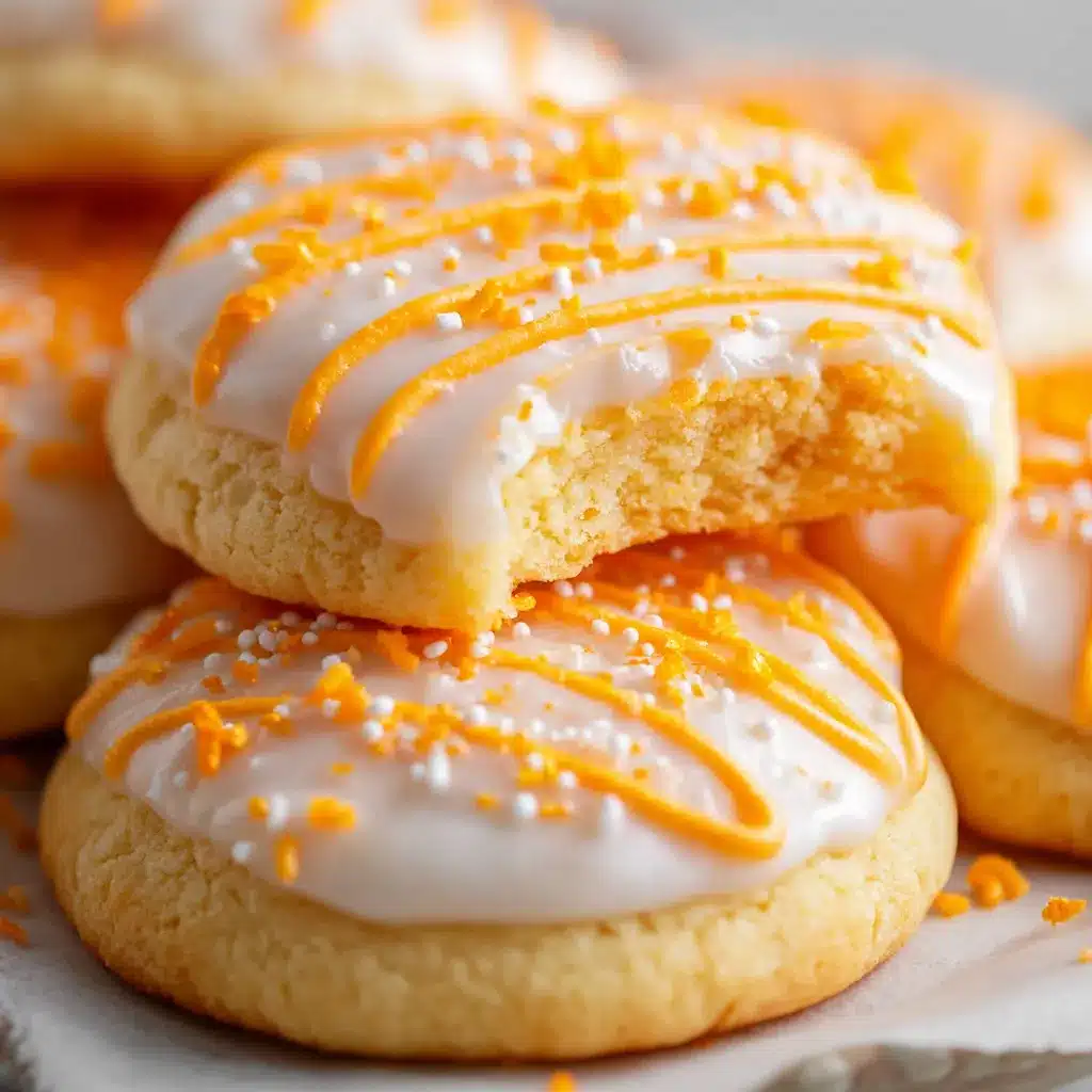 Frosted Creamsicle Orange Sugar Cookies on a baking tray with orange zest garnish.