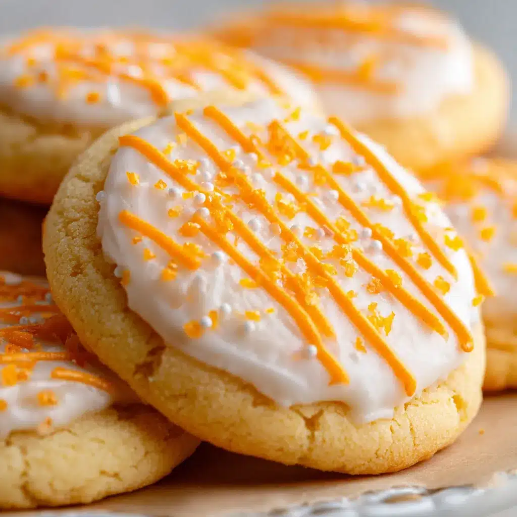 Frosted Creamsicle Orange Sugar Cookies on a baking tray with orange zest garnish.