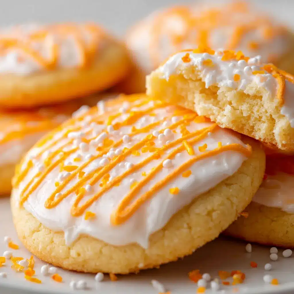 Frosted Creamsicle Orange Sugar Cookies on a baking tray with orange zest garnish.