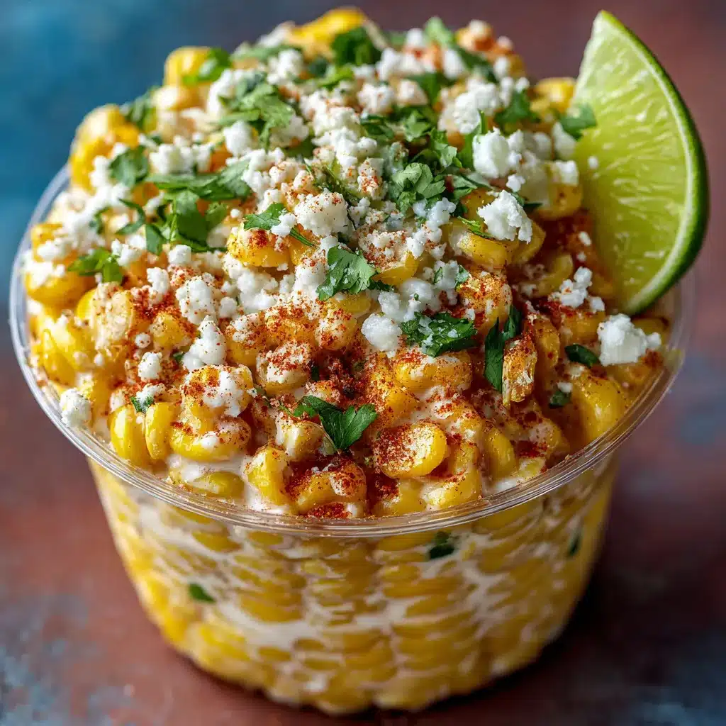 A cup of creamy Mexican street corn (esquites) garnished with Cotija cheese, chili powder, cilantro, and