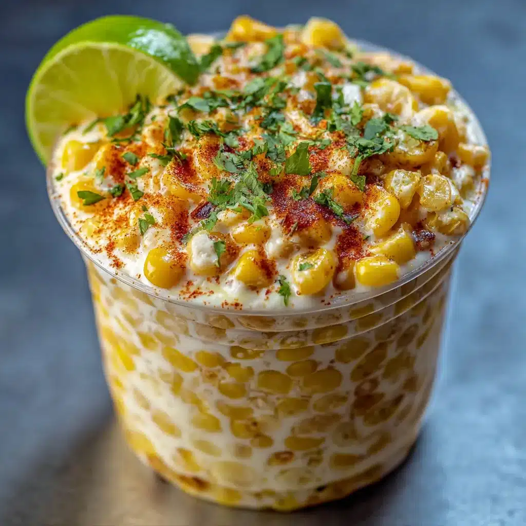 A cup of creamy Mexican street corn (esquites) garnished with Cotija cheese, chili powder, cilantro, and