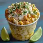 A cup of creamy Mexican street corn (esquites) garnished with Cotija cheese, chili powder, cilantro, and