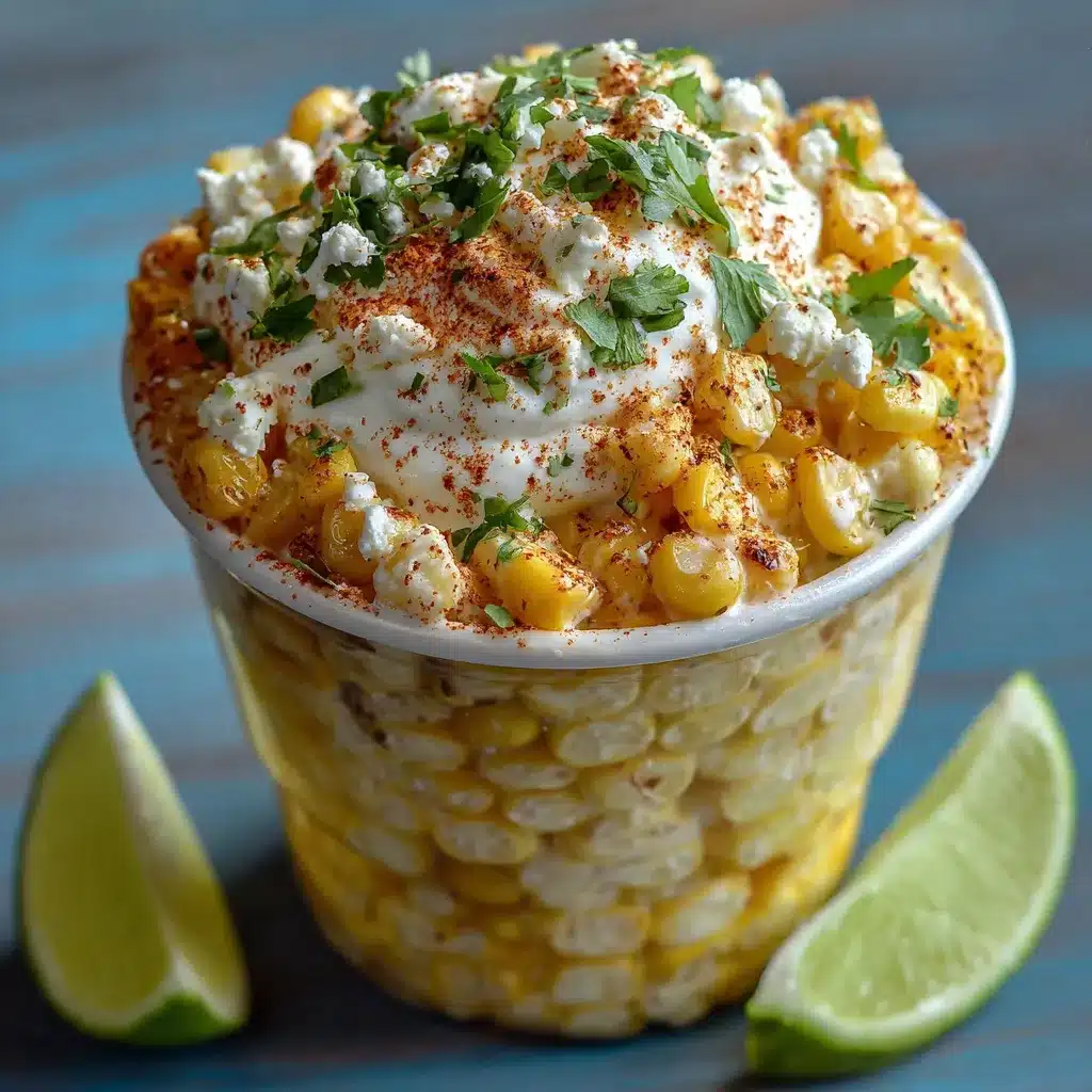 A cup of creamy Mexican street corn (esquites) garnished with Cotija cheese, chili powder, cilantro, and