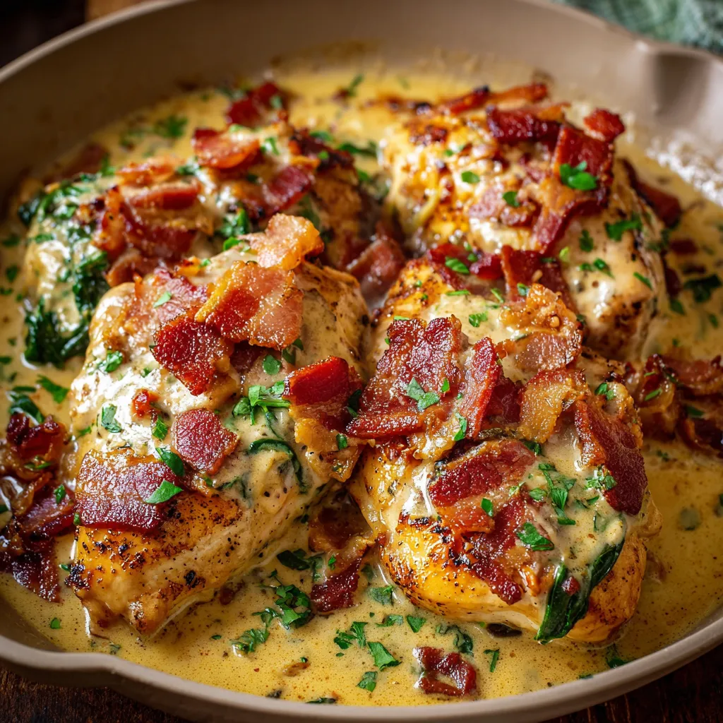 Creamy Tuscan Chicken with Bacon in a skillet with spinach and sun-dried tomatoes