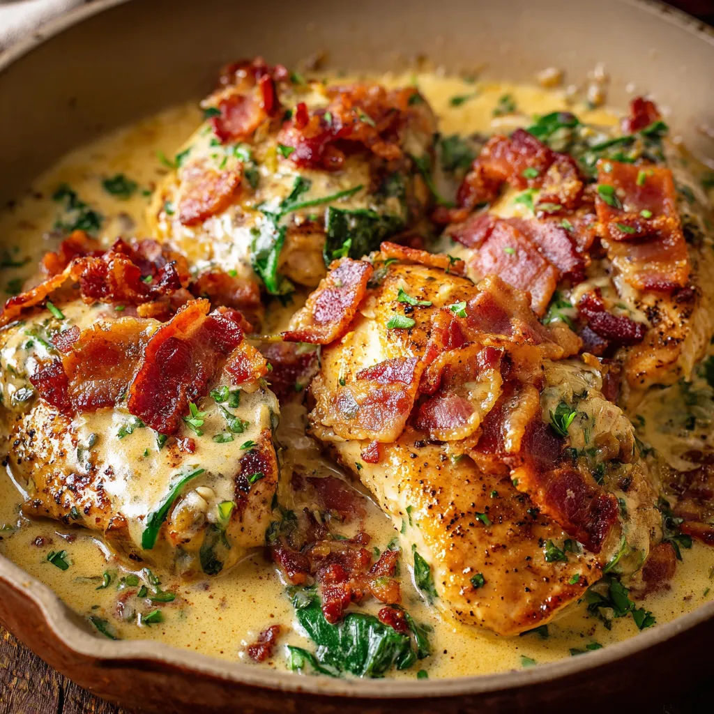 Creamy Tuscan Chicken with Bacon in a skillet with spinach and sun-dried tomatoes