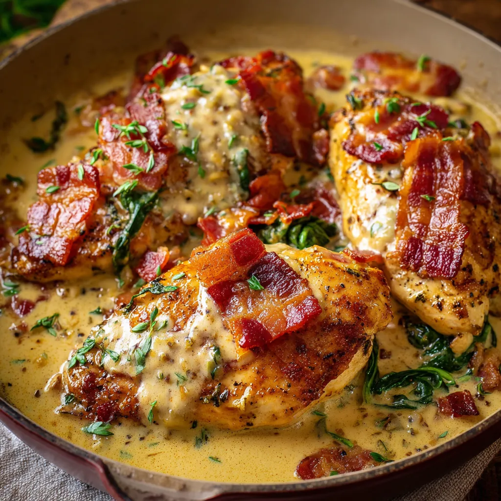 Creamy Tuscan Chicken with Bacon in a skillet with spinach and sun-dried tomatoes