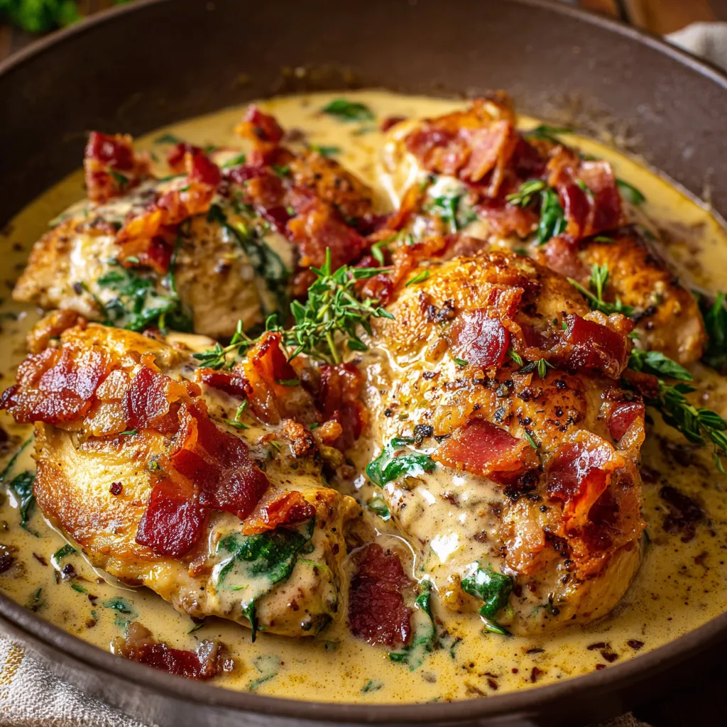 Creamy Tuscan Chicken with Bacon in a skillet with spinach and sun-dried tomatoes