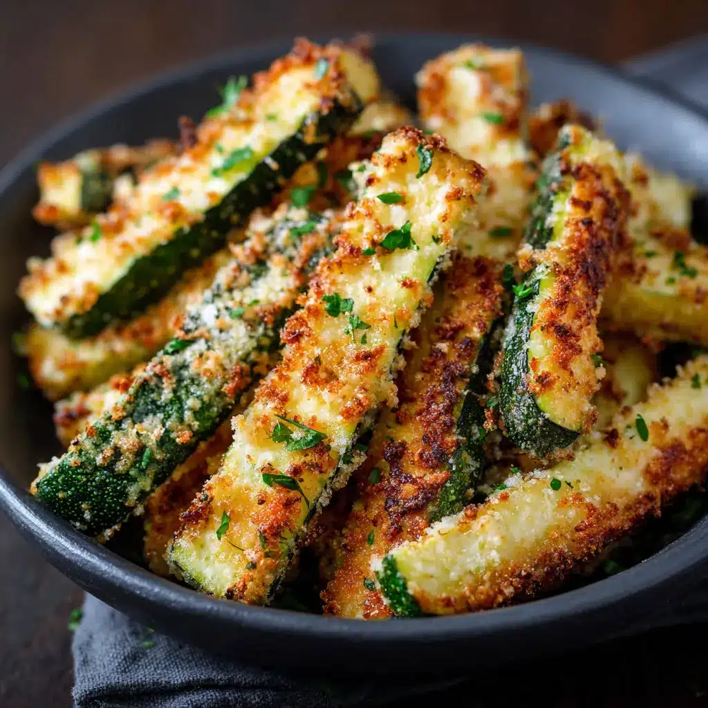 Golden brown baked Parmesan zucchini spears arranged on a parchment-lined tray.