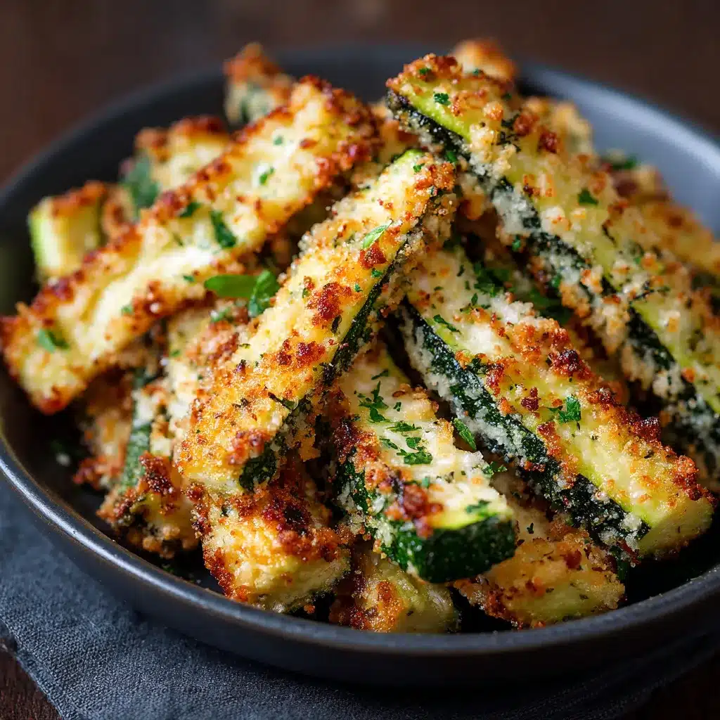Golden brown baked Parmesan zucchini spears arranged on a parchment-lined tray.