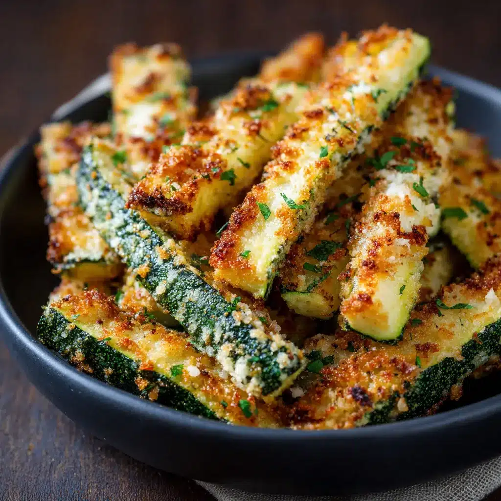 Golden brown baked Parmesan zucchini spears arranged on a parchment-lined tray.