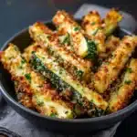 Golden brown baked Parmesan zucchini spears arranged on a parchment-lined tray.