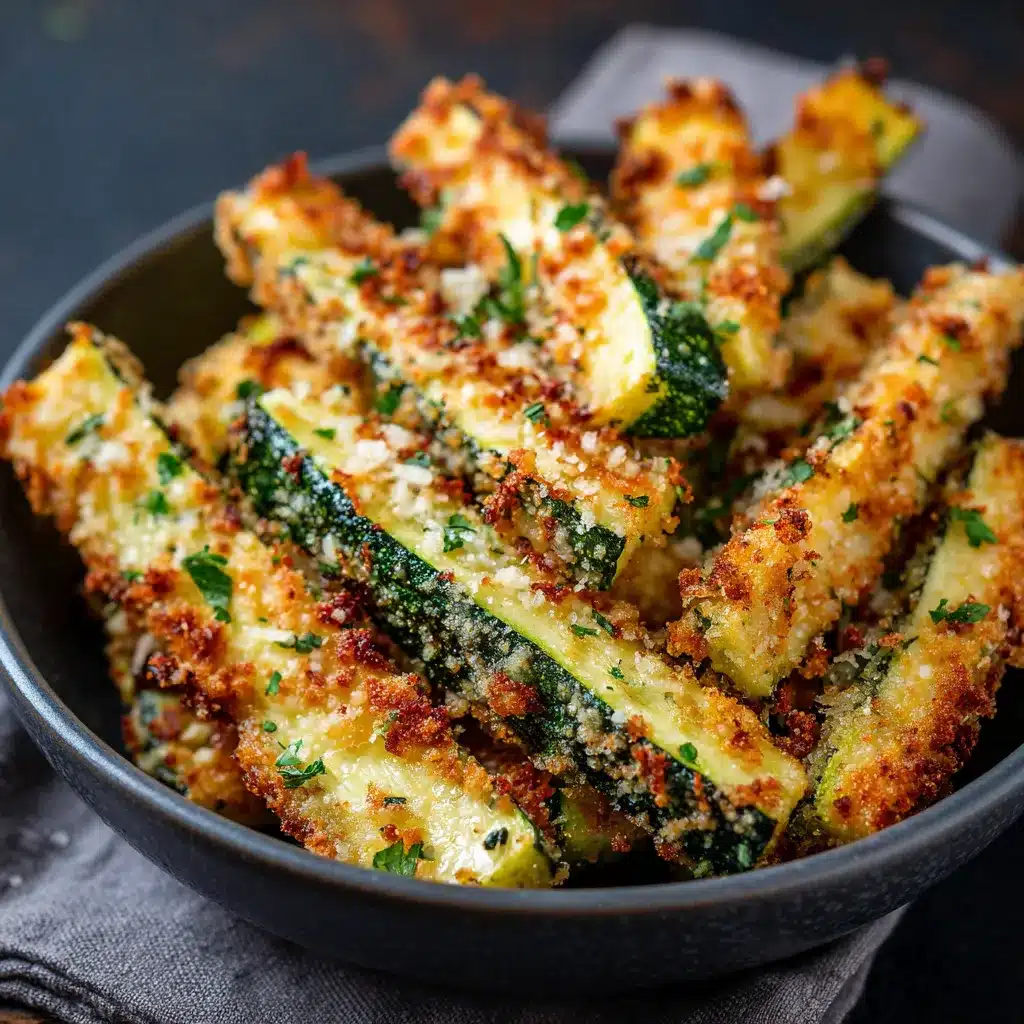 Golden brown baked Parmesan zucchini spears arranged on a parchment-lined tray.