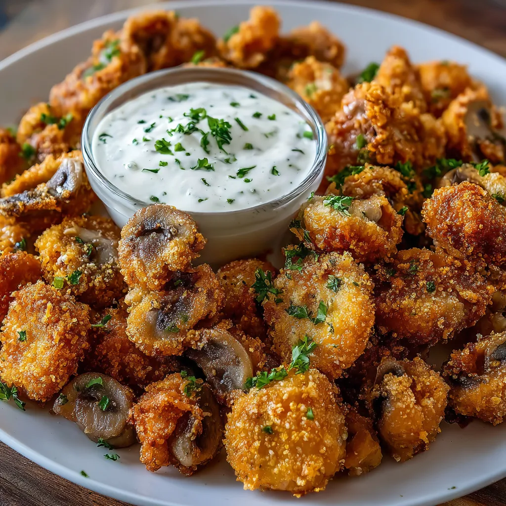 Golden crispy fried mushrooms served with a side of creamy homemade cool ranch dip on a white plate.