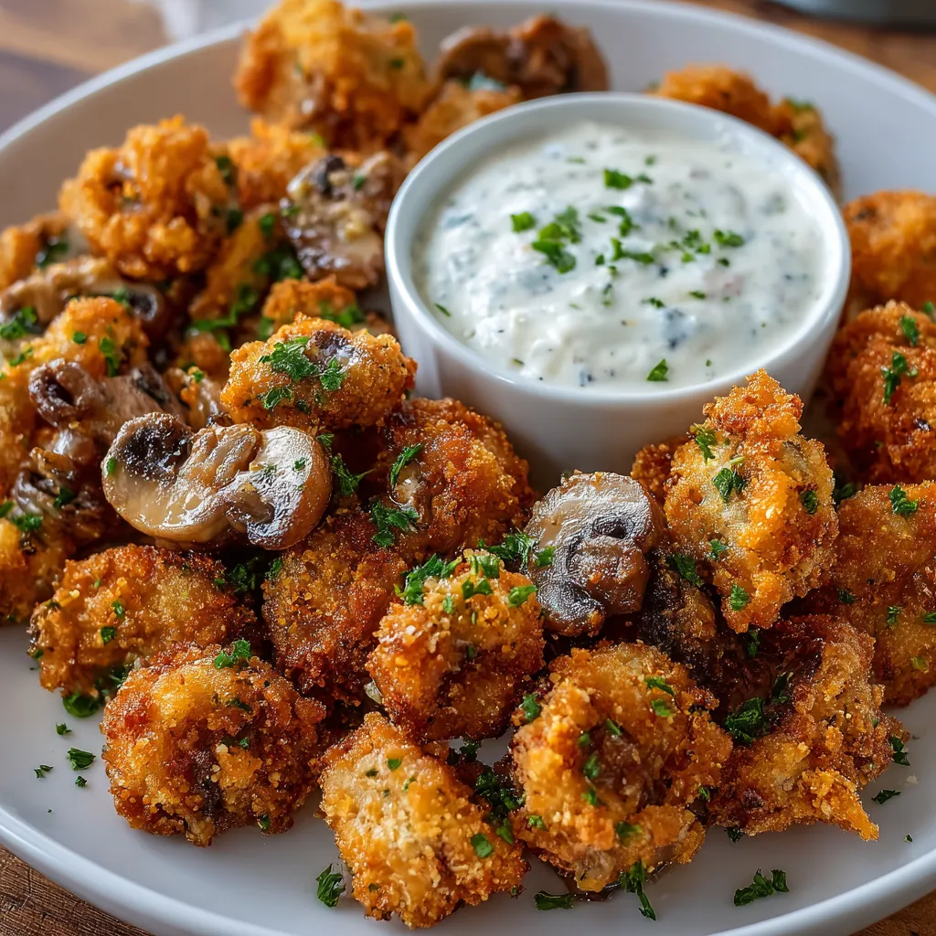 Golden crispy fried mushrooms served with a side of creamy homemade cool ranch dip on a white plate.