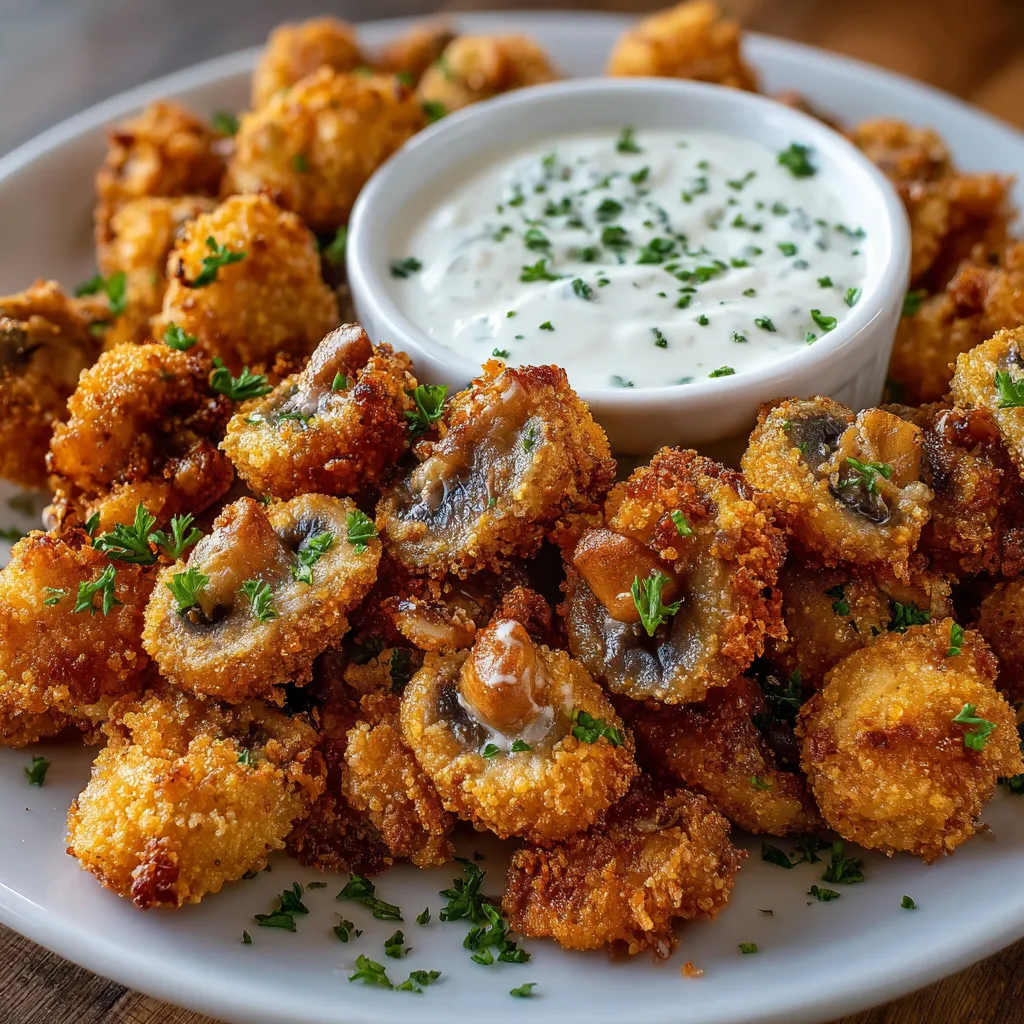 Golden crispy fried mushrooms served with a side of creamy homemade cool ranch dip on a white plate.