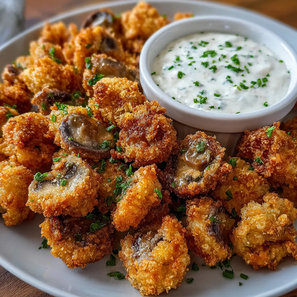 Golden crispy fried mushrooms served with a side of creamy homemade cool ranch dip on a white plate.