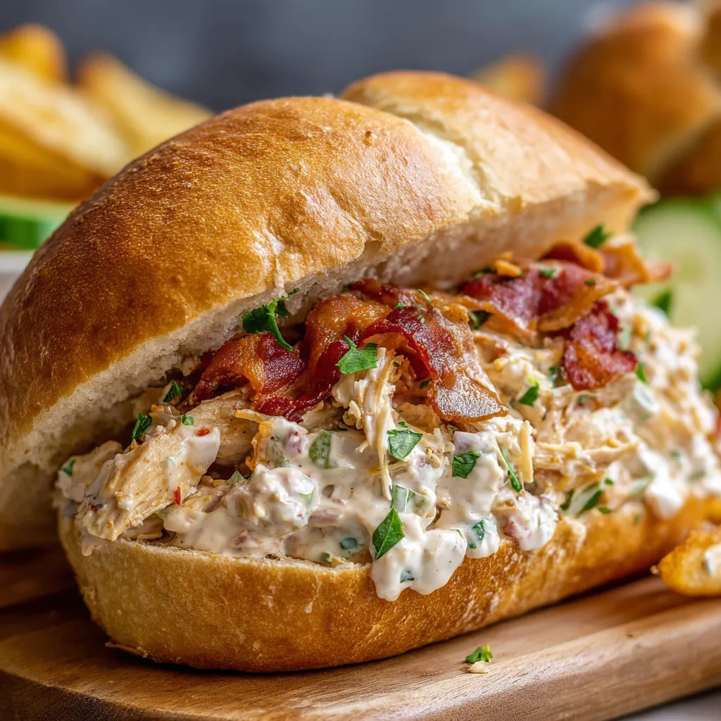 Slow cooked ranch chicken sandwich with melted cheese, bacon, lettuce, and pickles on a toasted brioche bun.
