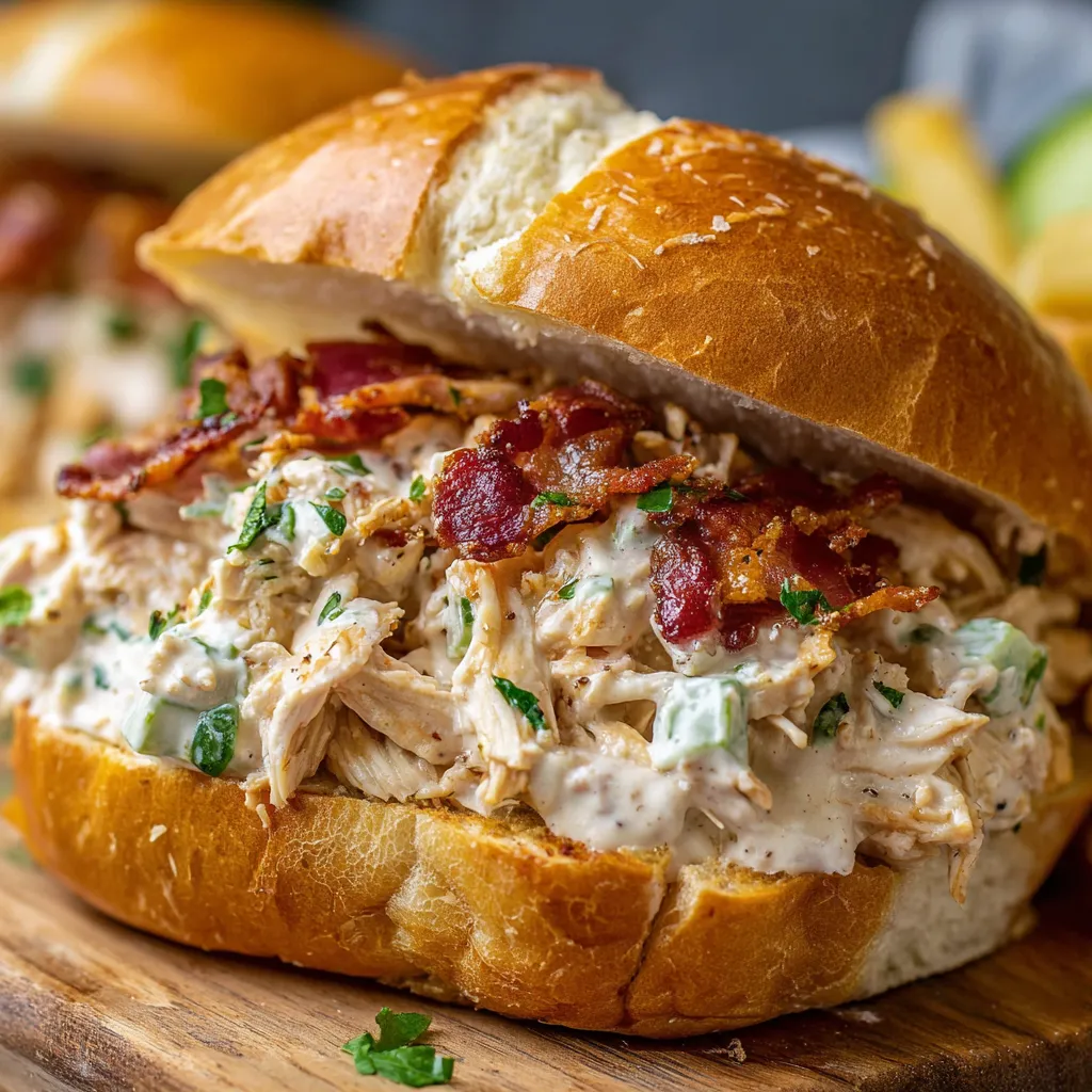 Slow cooked ranch chicken sandwich with melted cheese, bacon, lettuce, and pickles on a toasted brioche bun.