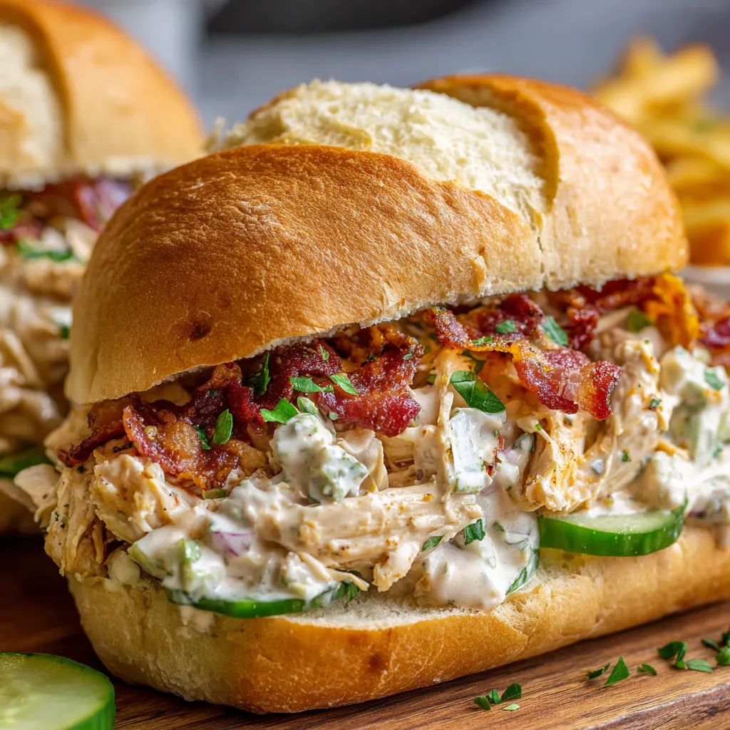 Slow cooked ranch chicken sandwich with melted cheese, bacon, lettuce, and pickles on a toasted brioche bun.